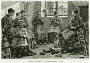 Flätningen av halm har Sluze. Gravyr av Xavier Mellery för att illustrera berättelsen La Belgique, av Camille Lemonnier, i le tour du monde 1886, regisserad av Edouard Charton (1807-1890), Hachette, Paris.