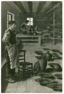Krukmakaren i Terneuzen, i sin verkstad, tilltäppt med vaser och fat, nära fönstret, keramikern arbetar med leran på selen och hans lärling, nedanför, jobbar på svängen. Gravyr av X.Mellery, efter naturen, för att illustrera historien ""Belgien"", 188 av Xavier Mellery