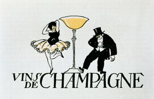Reklamvinjett för champagneviner som representerar ett par som dansar runt en kopp, 1900-tal (affisch) av Xavier Nogues