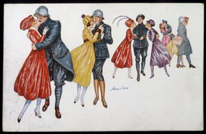Militär och deras fästmöar, marainer eller vänner - illustration av Xavier Sager (1870-1930) vykort, v.1915 av Xavier Sager