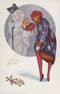 Nyårskort med en flicka och en snögubbe av Xavier Sager