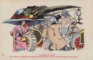 Vykort som satiriserar farorna med stora hattar och tillhörande hattnålar - modet 1909 av Xavier Sager