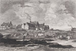 Landsbygd med en flod som rinner till höger och hus i bakgrunden, 1845-75. av Xavier de Dananche