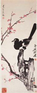 Plum Blossoms and Magpie (bläck och färg på papper) av Xiao Sun (1883 1944) Zhou Shaoxiang (1880 1954) Qi Baishi