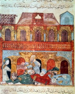Den vandrande sjöfararen Abu Zayd (Abu Zayd, Abu Zayd) och de sovande köpmännen Abu Mohammed al-Kasim ibn Ali Hariri (1054-1122) upplyst av Yahya Mahmud al-Wasiti (al-Wasiti) i av Yahya ibn Mahmud Al Wasiti