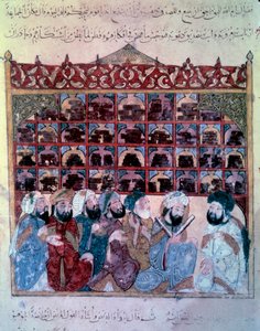 The Wandering Navigator Abu Zayd (Abu Zayd, Abu Zayd) håller ett tal i Basra Miniature Library från Maqamat (Seances) av Abu Mohammed al-Kasim ibn Ali Hariri (eller Al-Hariri eller Al Hariri) (1054-1122) upplyst av Yahya Mahmud al-Wasiti (al Wasit av Yahya ibn Mahmud Al Wasiti