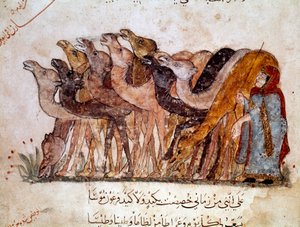 En grupp kameler och kameler, husvagn i öknen. Sida av "" Maqamat"" (Seanser), pikaresk dikt från 1000-talet av den arabiska poeten Abu Mohammed al-Kasim ibn Ali Hariri (eller Al-Hariri eller Al Hariri) (1054-1122) illustrerad av Al-Wasiti (al) -Wasiti) av Yahya ibn Mahmud Al Wasiti