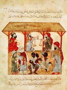 Ms. Ar 5847 f.105, A Slave Market, från "Al Maqamat" av Yahya ibn Mahmud Al Wasiti