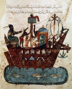 Ms Ar 5847 f.119v, Abu Zayd och Al-Harith som seglar från Basra till Oman, miniatyr från Maqamat av al-Hariri (Mötena), c.1240 (gouache på papper)