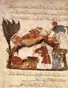 Ms Ar 5847 f.61, Förbereder en fest, från Al Maqamat av Al Hariri, ca 1240 (gouache på veläng) av Yahya ibn Mahmud Al Wasiti