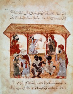 Slavmarsch i Zabid (Zebid), Jemen. Miniatyr i "" The Seances. Al-Maqamat” (Folio 105) upplyst av Yahya ibn Mahmud al-Wasiti och skriven av Hariri al-Basri, al-Qasim ibn Ali al (1054-1122)