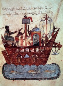 den borgerliga al-Harith (Al Harith), son till Hammam, och den vandrande navigatören Abu-Zayd (Abu Zayd) på en miniatyrbåt från "Maqamat" (Seances) av Abu Mohammed al-Kasim ibn Ali Hariri (eller Al- Hariri eller Al Hariri) (1054-1122) upplyst av Yahya Mahm av Yahya ibn Mahmud Al Wasiti