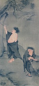 Två kinesiska eremiter, Han Shan skriver på en sten och Shih Te förbereder sitt bläck, efter en kakemono av Yan Hui och publicerad i tidskriften "The Kokka", Japan, 6 juni 1906. av Yan Hui