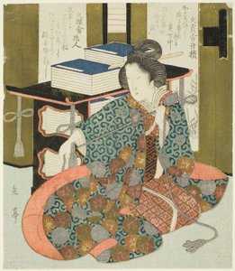 En kvinna som drar i sladden av en bokfodral med hjul, från serien "A Set of Seven for the Katsushika Club" av Yashima Gakutei