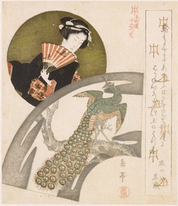 Geisha och påfågel på plommonblomning En serie om tio tryck för Honchôren (serietitel) Honchôren jubantsuzuki (serietitel på objekt)