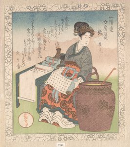 Nuji (japanska: Joki; kvinnlig assistent som sammanställde skrifter av daoistiska vise); ”Papper” (Kami), från Skrivbordets fyra vänner för Ichiyōs poesikrets (Ichiyō-ren Bunbō shiyū) Ur Samlingen Vårregn (Harusame shū), vol. 1 av Yashima Gakutei