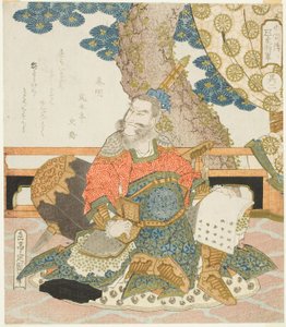 Qin Ming (Shinmei), c.1828 (träblock i färg med metalliska pigment; pentatyk surimono shikishiban) av Yashima Gakutei
