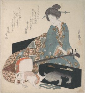 Kvinna som stämmer en shamisen och en katt som ser på sin egen spegelbild av Yashima Gakutei