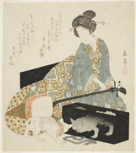 Kvinna med Shamisen och katt av Yashima Gakutei