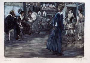 Modeverkstad (Modeverkstad). Presentationsrum för couturemodeller, kvinnor paraderar framför ett par i ett privat rum. Verk av Yelisaveta (Elisabeth) Sergeyevna Krouglikova (Elizaveta Sergeevna Krouglikova) (1865-1941), monotyp