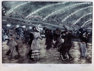 Tango a Luna Park (Tango Dance at Luna Park). Par dansare på ett brett golv, upplysta från taket av girlander av ljus. Konstverk av Yelisaveta (Elisabeth) Sergeyevna Kruglikova (Elizaveta Sergeevna Krouglikova) (1865-1941), gravyr (