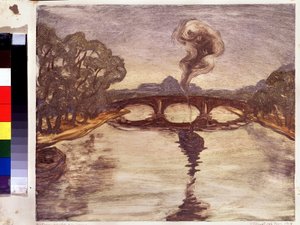 En båt på Seine. (En båt på Seine). Peinture de Yelisaveta (Elisabeth) Sergeyevna Kruglikova (Elizaveta Sergeevna Krouglikova) (1865-1941), estampe (monotyp)