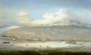 Vy över Kanton med Shamian Island 1865, ca 1880 (olja på pannå) av Yichang Yichang