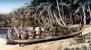 Inhemsk kanot på en palmskuggig strand, Salomonöarna, c1923