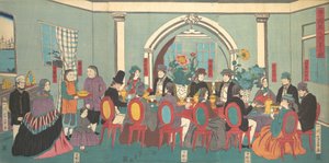 Utlänningar från de fem nationerna åtnjuter en bankett, 3:e månaden, 1861. av Yoshikazu