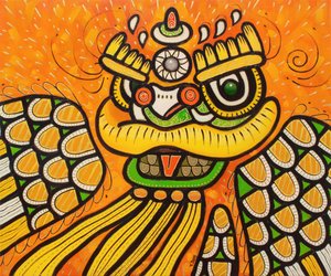 Lion dance yellow, 2022 (olja på duk) av Yue Zeng