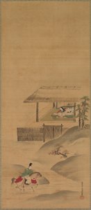 Minamoto no Nakakuni besöker Lady Kogo, Triptyk av hängande rullar, sent 1600-tal (bläck och färg på siden)