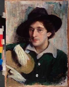 Porträtt av konstnären Marc Chagall (1887-1985). (med svart mössa och vita handskar håller han nonchalant sin palett). Målning av Yuri (Yehuda) Moiseyevich Pen (1854-1937), olja på duk, cirka 1910. Rysk konst, 1900-talet. Nationalkonstmuseet av Yuri Moiseyevich Pen