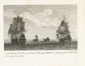Einde van het gevecht van Jan Bart den 22 maj 1689 Slutet av kampen den 22 maj 1689, där Jean-Bart och Forbin, även om de är omaskerade, bara kapitulerar när de är säkra på att deras flotta drar sig tillbaka (titel på objekt) Samling av striderna av Jean-B