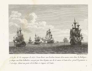 Jan Bart valt Hollandse schepen in de Baltische zee aan, 1675 I slutet av fälttåget 1675 anfaller Jean-Bart med samma Corsair på 10 kanoner, kryssningar i Östersjön, där en holländsk flotta (...) (titel på objektet) Samling av Jean-Bars slagsmål