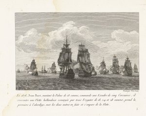 Jan Bart valt met zijn eskader een Hollandse vloot aan, 1676 1676 befäl Jean Bart, som monterade Palme med 18 kanoner, en skvadron på fem Corsairs (...) (titel på objektet) Samling av striderna av Jean-Bart, skvadronchef under Ludvig XIV (serietitel)