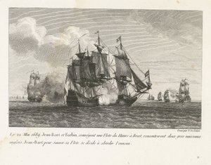 Jan Bart valt twee Engelse schepen aan, 1689 Den 22 maj 1689 mötte Jean-Bart och Forbin, som transporterade en flotta från Le Havre till Brest, på två stora engelska fartyg, Jean-Bart bestämmer sig för att rädda sin flotta för att närma sig fienden (titel 