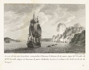 Jan Bart valt zes Hollandse schepen aan voor de kust van Portugal, 1693 I juni 1693 attackerade Jeaan-Bart, med befäl över Vaisseau le Glorieux med 66 kanoner (...) sex holländska krigsfartyg (...) på Portugals kust (titel på objekt) Rec