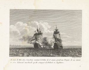 Jan Bart verovert een Hollands fregat, 1677 I maj månad 1677 monterade Jean-Bart 18-kanoners Palme, tog en 24-kanons fregatt och sexton handelsfartyg som hon konvojerade från Holland till England (titel på objekt) Samling av Jeas slagsmål av Yves Marie Le Gouaz
