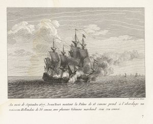 Jan Bart verovert een Hollands fregat, 1677 I september 1677, monterade Jean-Bart på 18-kanonen Palme gick ombord på ett 36-kanoners holländskt fartyg, med flera handelsfartyg under sin konvoj (titel på objektet) samling slagsmål