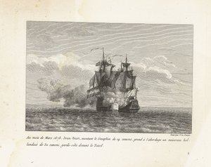 Jan Bart verovert een Hollands fregat, 1678 I mars 1678 gick Jean-Bart, som åkte på 14-kanonarna Dauphin, ombord på ett holländskt fartyg med 32 kanoner, kustbevakning framför Texel (titel på objektet) Samling av striderna av Jean-Bart, chef för Es