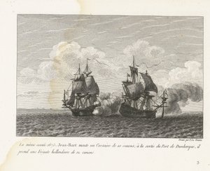 Jan Bart verovert een Hollands fregat bij Duinkerke, 1675 Samma år, 1675, monterade Jean-Bart en 10-kanoners Corsair; vid utgången från Dunkirks hamn tar han en holländsk fregatt med 12 kanoner (titel på objektet) Sammanställning av striderna av Jean-Bart,