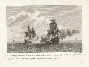 Jan Bart verovert een Spaans schip mötte 350 soldater aan boord, 1683 1683 förklarade Spanien krig mot Frankrike, Jean-Bart hade befälet över en fregatt med vilken han tog ett krigsskepp med 350 spanska soldater (titel på obje)
