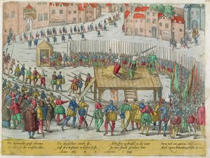 Avrättningen av tjugo ädla ledare inklusive grevarna Egmont och Horn av hertigen av Alva i Bryssel av Zacharias (school of) Dolendo