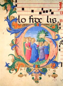 Missal 515 f.144v Historikert initial "G" som visar de troende som kommer in i paradiset (vellum)