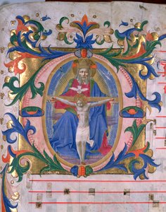 Ms 523 f.166r Historiserad initial "O" med treenigheten, från en missal, ca 1446-60 (pergament)