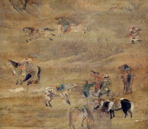 Mongolisk ryttare som jagar en häst. Detalj. Sidenmålning av Fou Tchao Mong (1254-1322). Yuan-dynastin (1206-1368 e.Kr.) Paris, Guimet-museet, Nationalmuseet för asiatisk konst