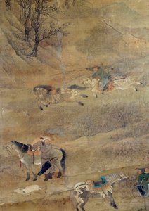 Mongolisk ryttare som jagar en häst. Detalj. Sidenmålning av Fou Tchao Mong