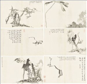 Landskap och blommor, album med sex blad av Zhu da Bada Shanren
