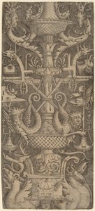 Ornamentpanel med drakar, masker och krigsinstrument, ca. 1505.