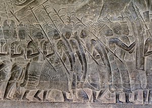 Angkor Wat, Angkor, Kambodja Tidigt 1100-tal med senare tillägg. Denna detalj av relieferna i galleriet visar THAI-folket som marscherar som allierade till Khmer-armén
